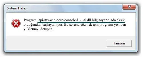 api-ms-win-core-console-l1-1-0.dll Hata Görüntüsü